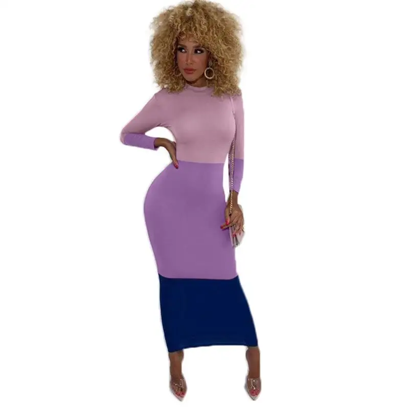 

Nice Colored Block Patchwork Women Pencil Dress Autumn O Neck Long Sleeve Maxi Ankle Length Dress D5051G