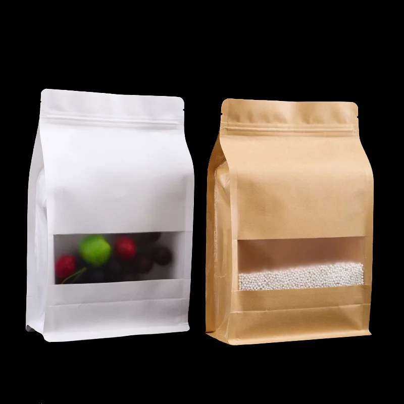100 шт./лот, крафт-бумага, Ziplock, Упаковочная Сумка, восьмисторонняя печать, сумки на молнии, пластиковое окно, стоячие мешки для хранения риса, закусок, еды
