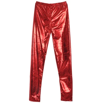 

New Fashion Women Leggings Shiny Metallic Color Elastic Waist Skinny Sexy Pencil Pants Trousers Casual Pencil Trousers Red M
