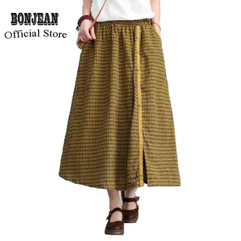 

Women Cotton Linen Skirt Split Open Plaids Retro Vintage Casual Fashion Buttons Long Elastic Waist for Spring Summer AZ69182411
