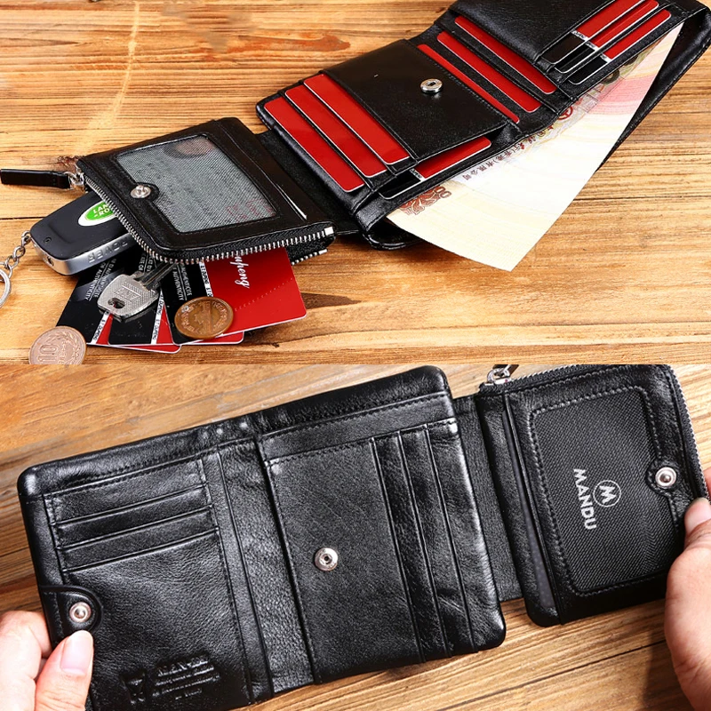 Newest Men Short Wallet Genuine Cow Soft Leather Trifold Wallet Money Credit Card Holder Zip Coin Purse Multifunctional Wallets