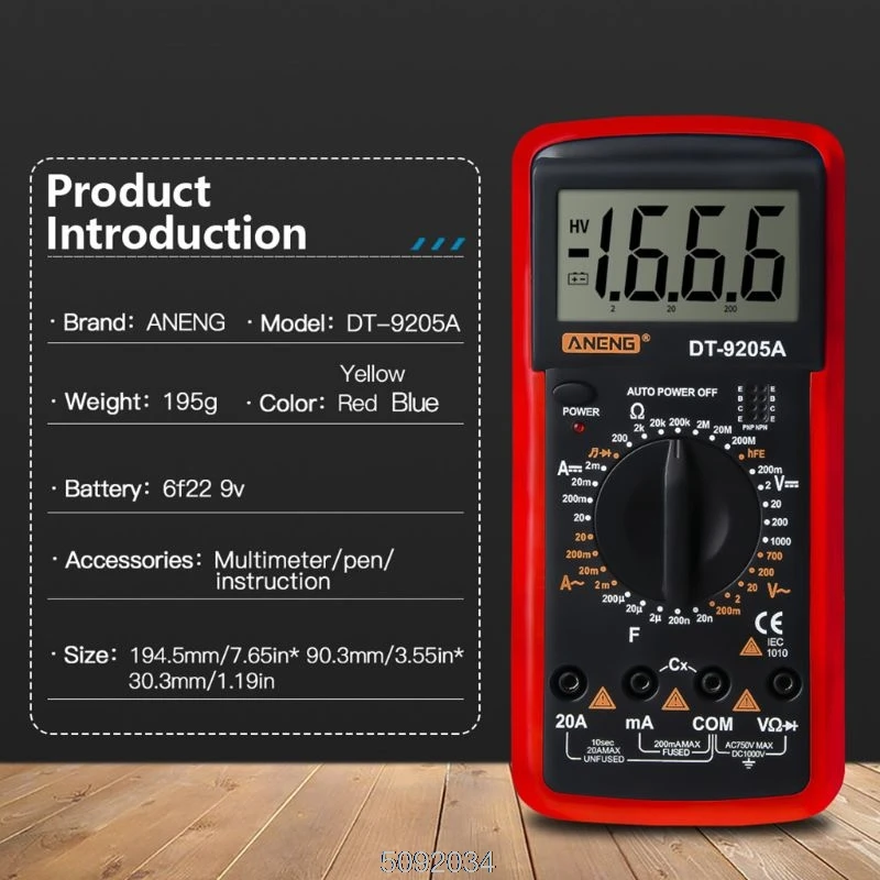 DT9205A Цифровой мультиметр hFE AC DC триодное сопротивление диода Amp электрический тестер