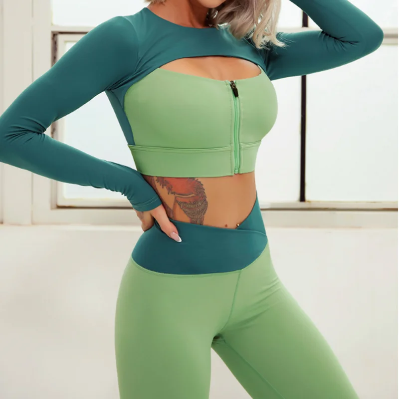 2 PCS Seamless Yoga Set Sexy Zipper Long Sleeve High Waist Leggings Workout Clothes for Women Sportwear Gym Fitness Sport | Женская