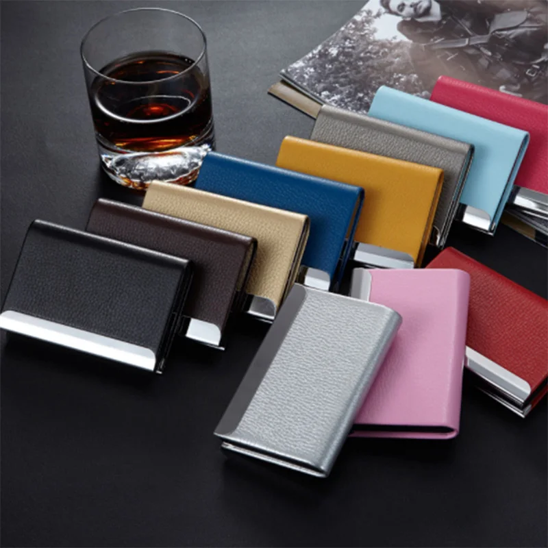 

Bycobecy 2019 Unisex Business Card Holder Aluminum PU Leather ID Credit Name Card Holders Bank Cases Pocket RFID Case 11 Colors