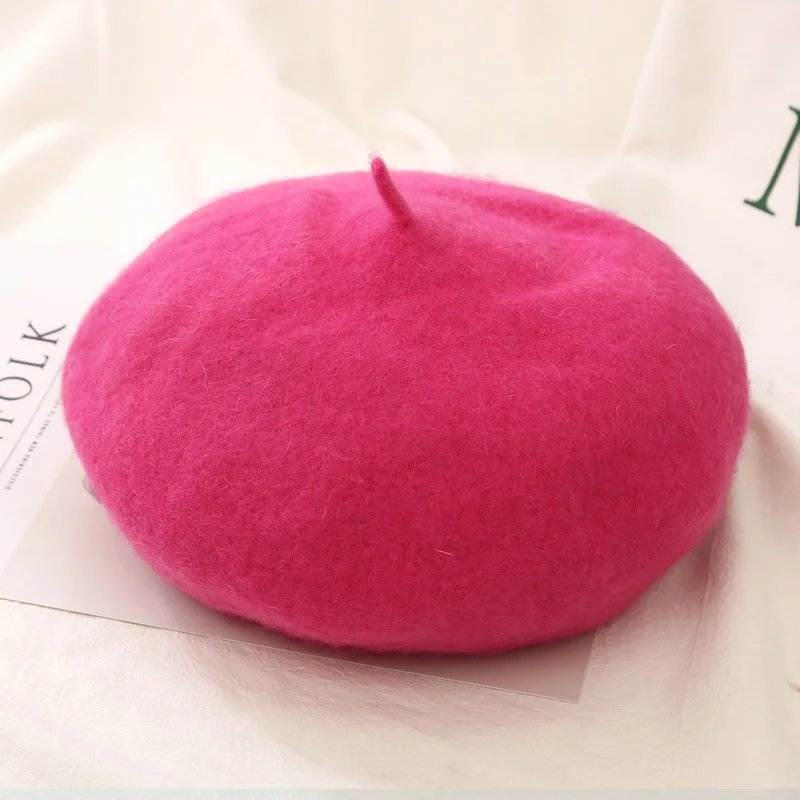 rose Red Берет из искусственной шерсти для женщин и девочек, Шапка-бини с французским художником, зимняя теплая шапка, красная, черная, фиолетовая, бежевая, кавайная Кепка с плоским верхом, теплые шапки, берет - Цвет: rose Red