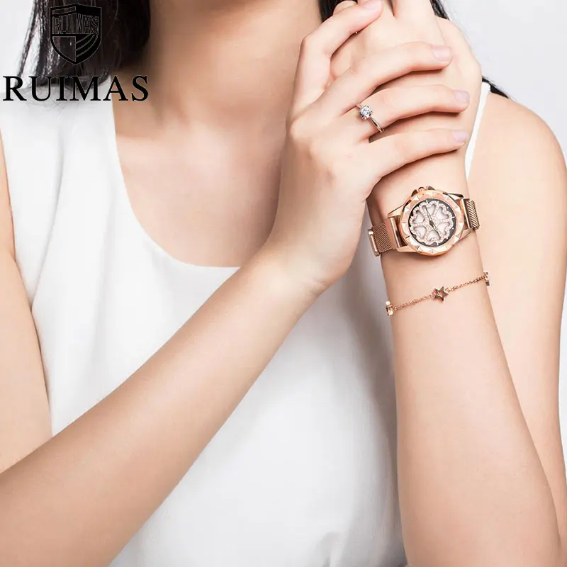 

Ruimas Women Watches Top Brand Luxury Ladies Mesh Ultra-thin Watches Women Stainless Steel Quartz Woman Watch Relogio Feminino