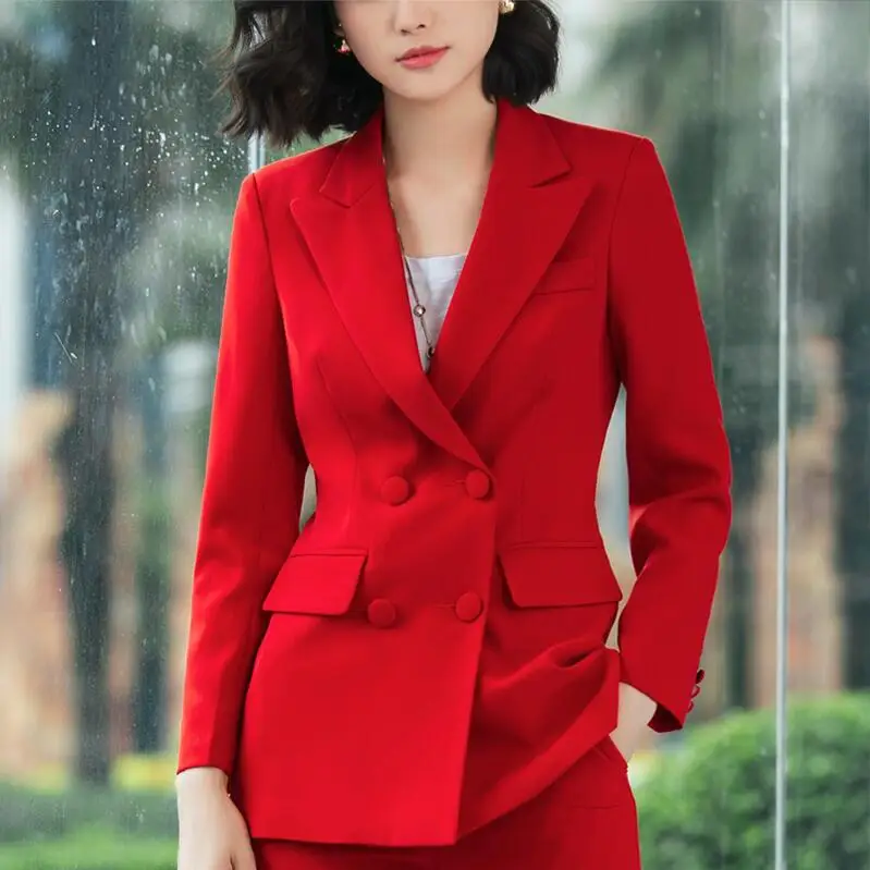 red cloth Новинка, офисный Блейзер, костюмы высокого качества, OL, женский брючный костюм, блейзеры, пиджаки с брюками, комплект из двух предметов, красный, розовый, синий - Цвет: red cloth