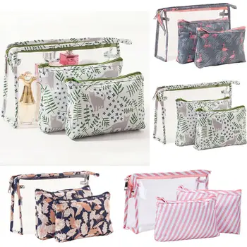 

Women Girls 3 PCS PVC and Nylon Print Casual Travel Cosmetic Makeup Bag Toiletry Case Hanging Pouch Wash Organizer