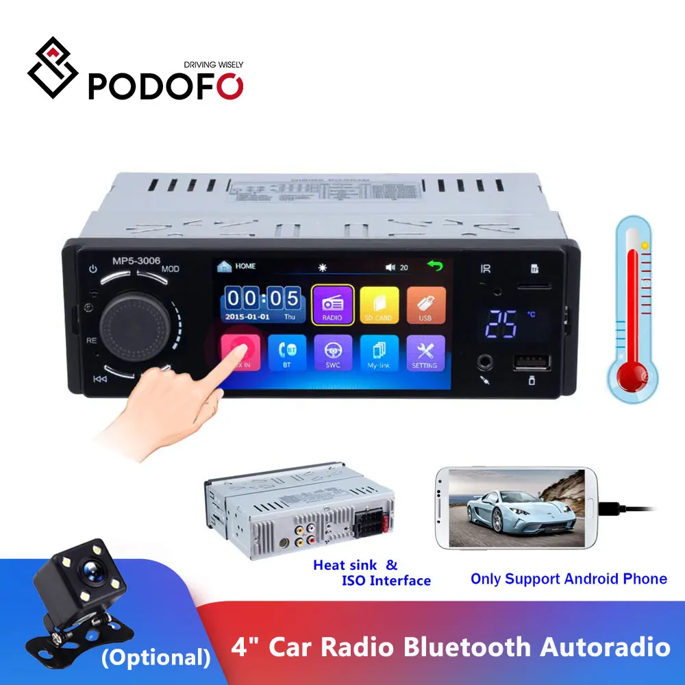Автомагнитола Podofo 4 &quot Bluetooth 1 Din сенсорный экран стерео аудио видео MP5 USB TF температурный дисплей громкая