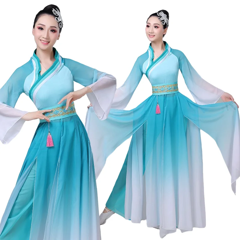 

Танцевальный костюм Hanfu Женский фанат народные танцы Стиль танцевальный костюм Hmong одежда Китайский народный танцевальный костюм для женщин синий