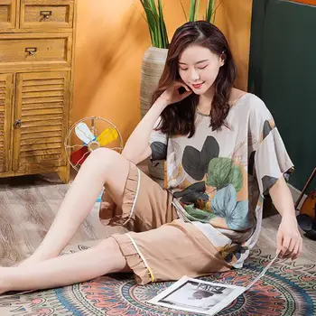 

Cotton 2PCS Shirt&Shorts Nightwear Casual Pijamas Nightwear Lady Pajamas Set Sleepwear Print Home Clothes Intimate Lingerie