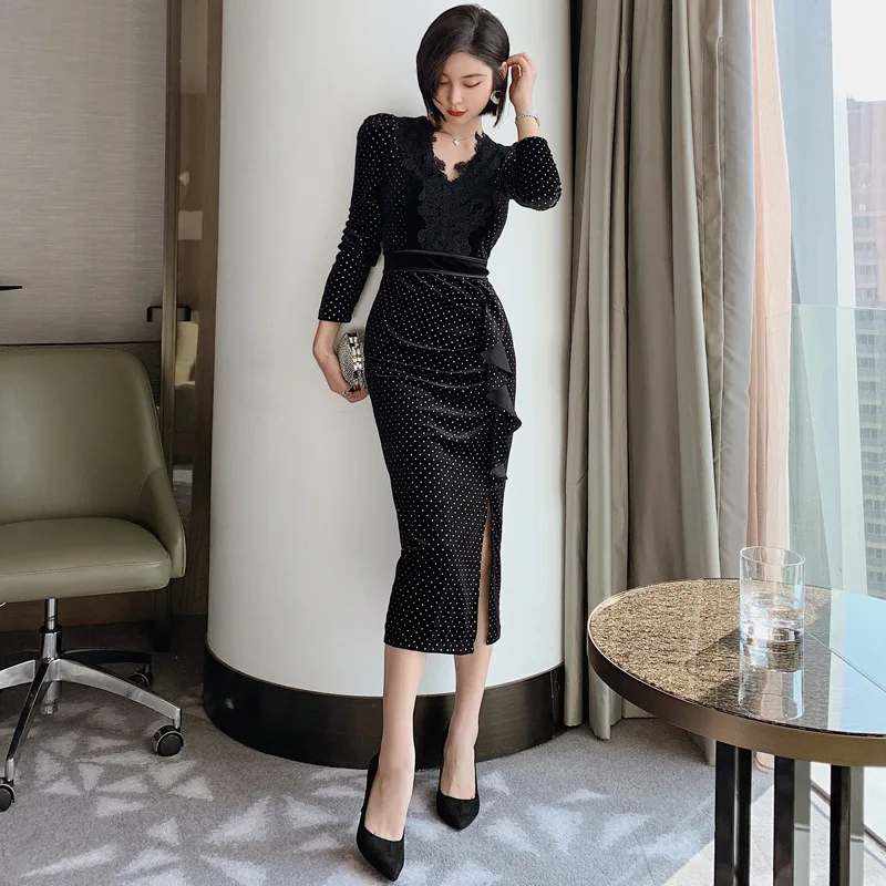 Black V Neck Long Sleeve Sexy Party Dress Spring High-end Vintage Velvet Women Dot Lace Patchwork Bandage Bodycon | Женская одежда