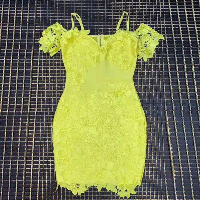 yellow Сексуальное желтое кружевное мини-Бандажное платье на бретельках, модное женское платье с открытыми плечами, платье для вечеринки, vestidos - Цвет: yellow