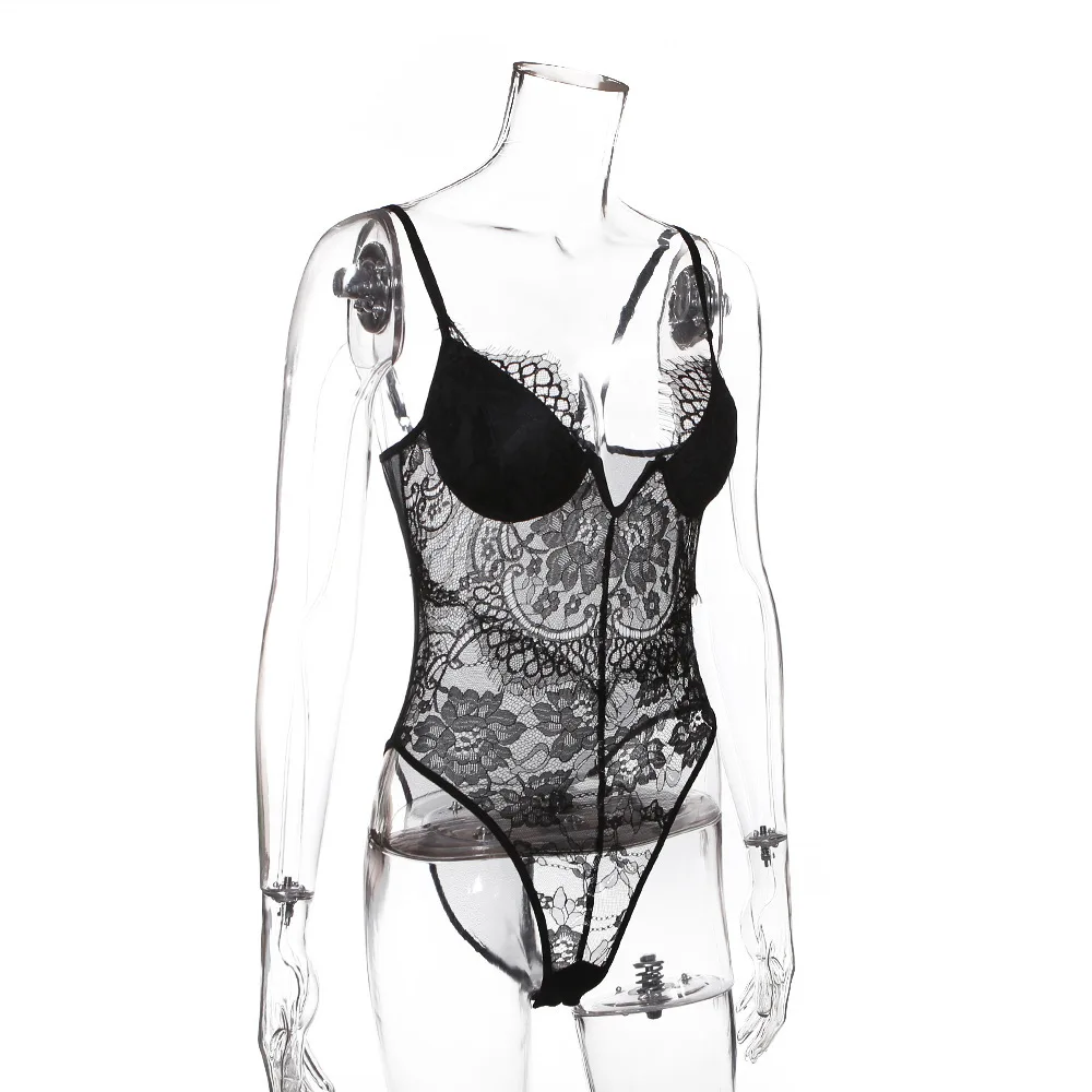Black Bow Lace Bodysuit Women Backless Transparent Sexy Body Jumpsuit Rompers Catsuit Bodysuits Slim Overalls