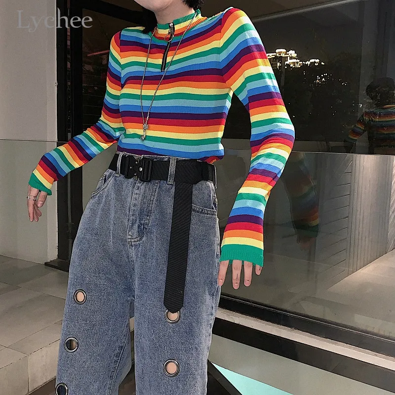 Lychee Harajuku радужная полоса женская трикотажная футболка водолазка кольцо на молнии Женская трикотажная футболка осенние женские футболки