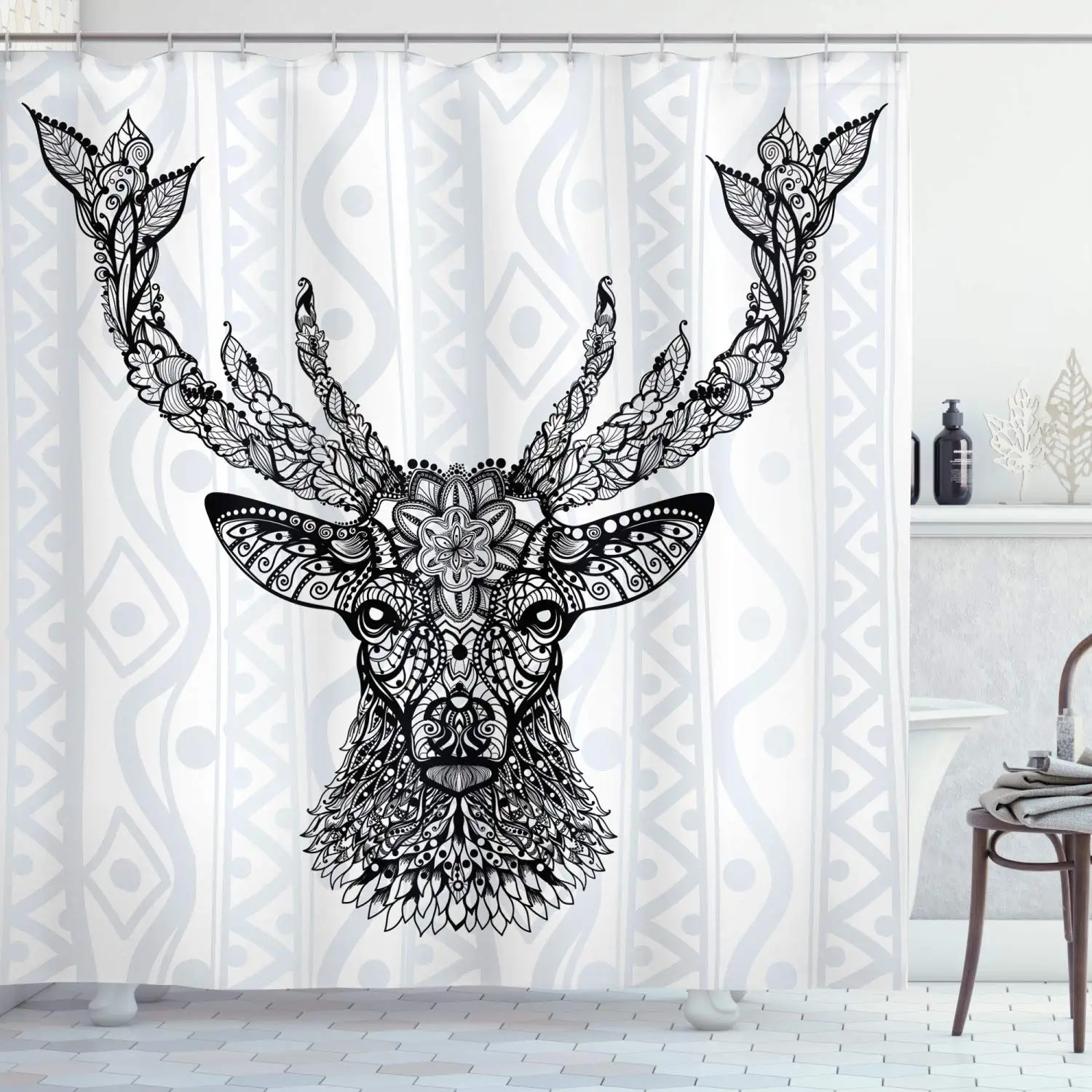 

Deer Shower Curtain, Aboriginal Floral Polynesian Deer Pattern Mammal Boho Design, Cloth Fabric Bathroom Decor Set with Hooks