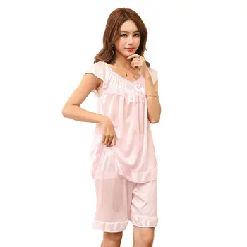 

MISSKY 2 Pcs/Set Women's Pajama Sets Sleepwear Summer Sexy Plus Size V-neck Ice Silk Home Service Suit Short-sleeve Top+ Shorts