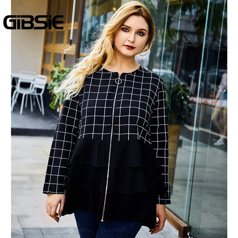 Женская клетчатая рубашка GIBSIE черная элегантная многослойная блузка с круглым