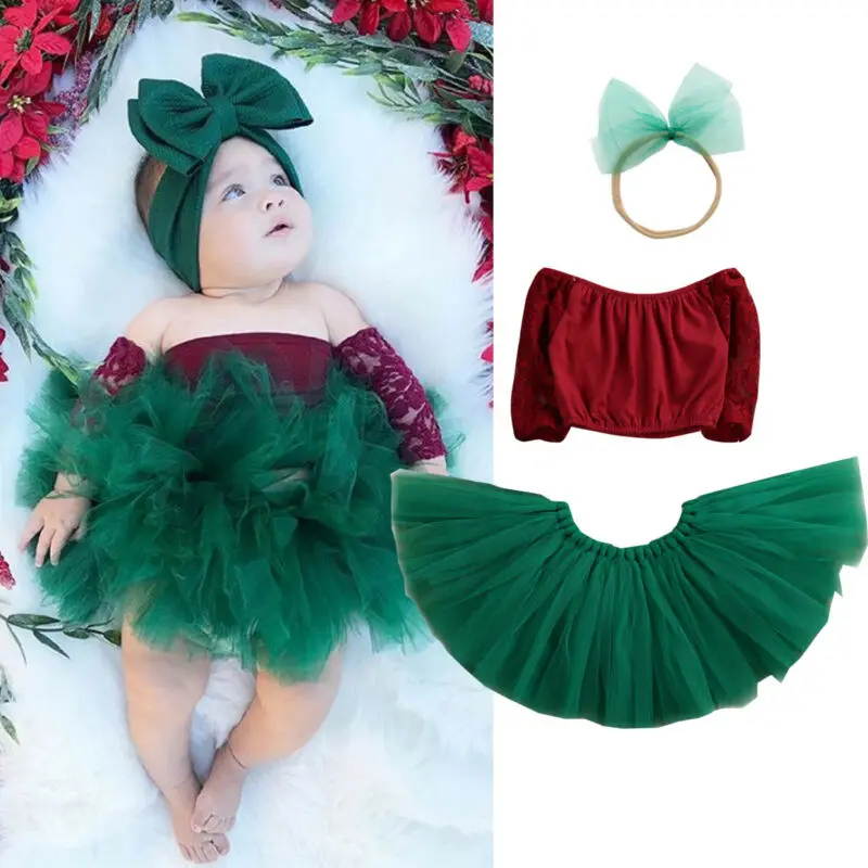 

Christmas Baby Girl Clothes Set Off Shoulder Top Vest +Lace Tutu Skirt Headband 3pcs Party Newborn Infant Kids Xmas Outfit