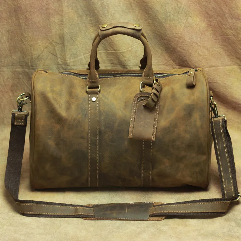 Light Brown 2 Черный Ангел Винтажные Сумки из натуральной кожи для путешествий для мужчин Crazy Horse кожаная сумка на плечо для путешествий большая сумка для выходных - Цвет: Light Brown 2