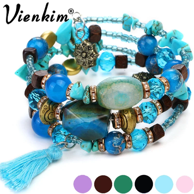 #*Cheap Vintage Multilayer Tassel Bracelets For Women Bohemian Resin Stone Bead Bracelets amp; Bangles Pulsera Ethnic Jewelry Party 2019