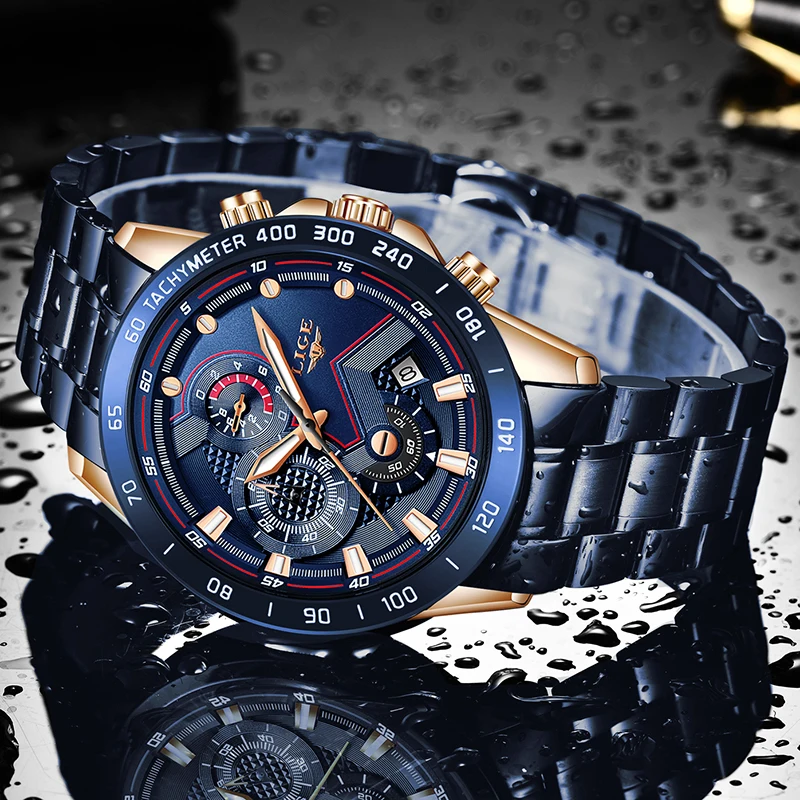 LIGE 2020 New Fashion Mens Watches with Stainless Steel Top Brand Luxury Sports Chronograph Quartz Watch Men Relogio Masculino