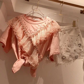 

T-shirt for Women 2020 Summer New Heavy Handmade Beaded Lace Ruffled Short Sleeve T-shirts Ladies Tees T Shirt pink white