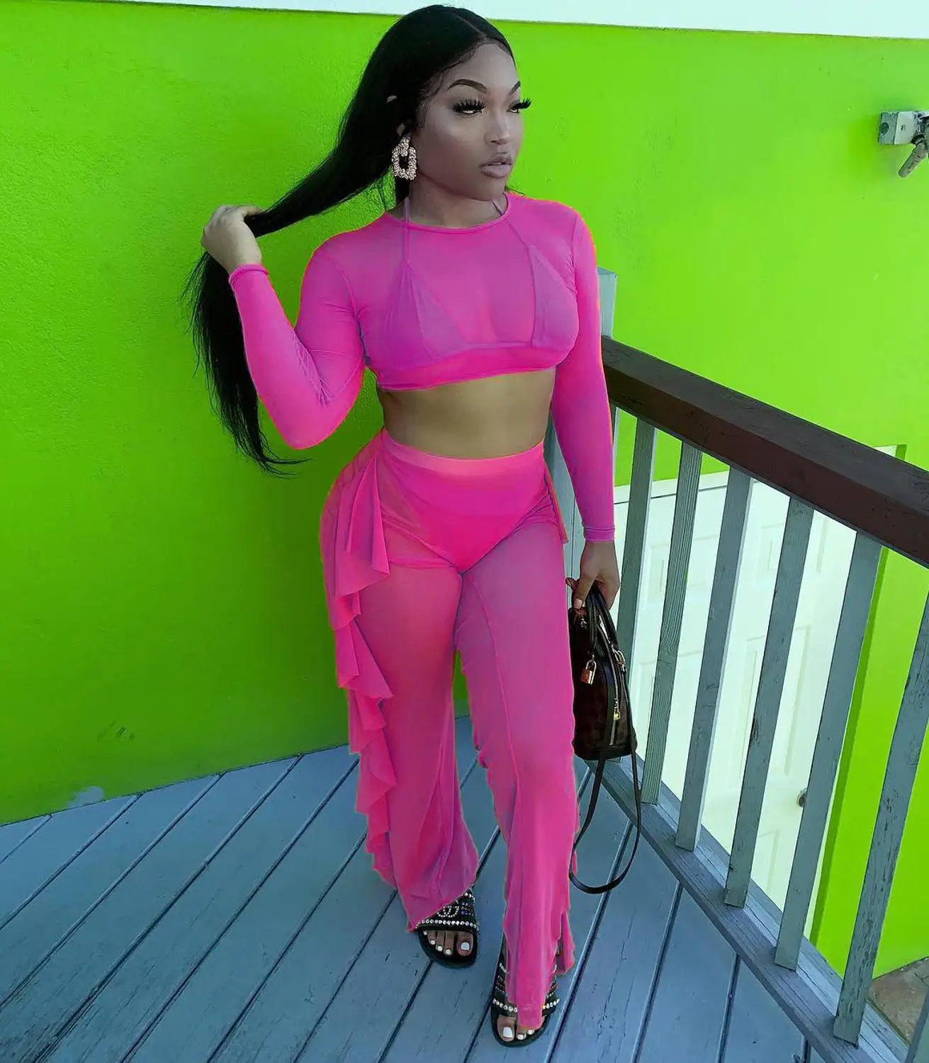 

OMSJ Women Summer Beach 2PCS/set Long Sleeve Crop Top+Ruffle Pants Matching Suit Sexy Transparent Sheer Mesh Club Wear Outfits