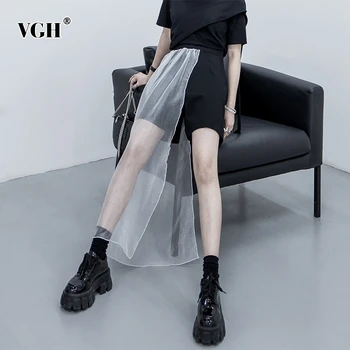 

VGH Elegant Irregular Patchwork Mesh Women Shorts High Waist Asymmetrical Hit Color Straight Short Pants For Female Clothing New