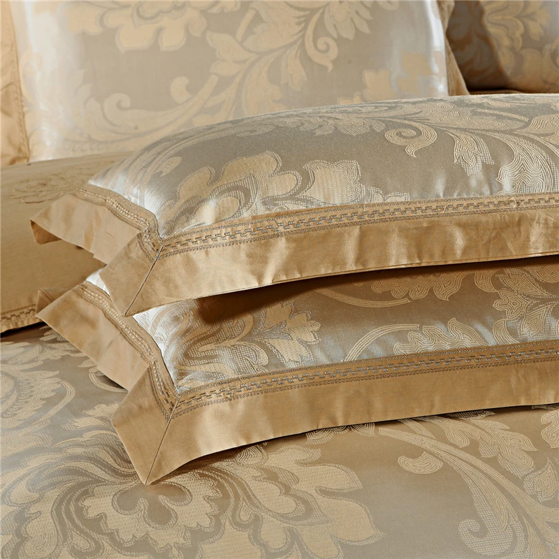 Hot 4/6 Pcs Luxury Golden Gold King Queen size Jacquard Bedding Set Satin Cotton bed Duvet Cover Bed Sheet And Pillowcases