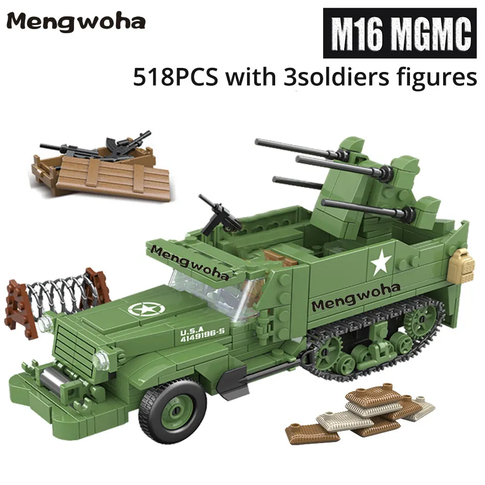 

WW2 Military M16 MGMC Half Track Vehicle Building Blocks American with three soldiers figures Army Bricks Toys