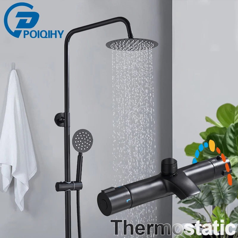 

Black Thermostatic Bathroom Shower Faucet Set full brass Rainfall 8 inch Shower Head Chrome Shower Crane tub spout Mixer Taps