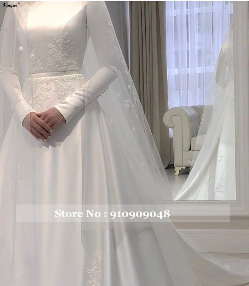 affordable wedding dresses Vestido De Novia 2021 Long Sleeves Muslim Bridal Wedding Gown with Veils Appliques Lace Satin A-line Simple Bride to be Dress ball gown wedding dress