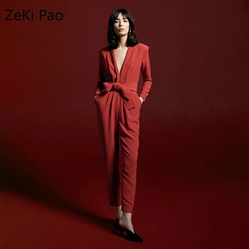 

2020 Summer Fashion British Style Women's Deep V-neck High Waist Slim Long-sleeved Trousers Jumpsuit Sexy OL Cotton Jumpsuit