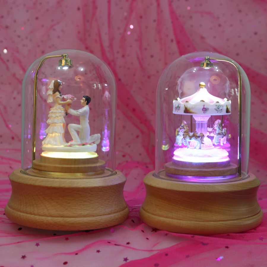Bluetooth карусель романтичная музыкальная шкатулка пары твердые деревянные музыкальные шкатулки со светодиодной подсветкой Рождество День Святого Валентина подарок на помолвку