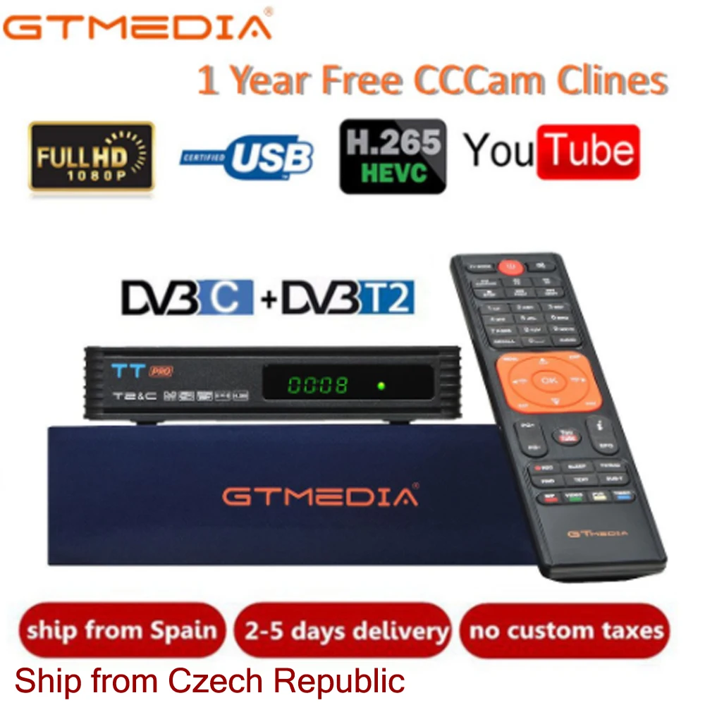 GTMEDIA TT Pro DVB-T2/T DVB-C ТВ комбо ресивер Поддержка H.265 HD 1080P+ 1 год CCCAM для Испании Польша Германия русский DVBT2 коробка