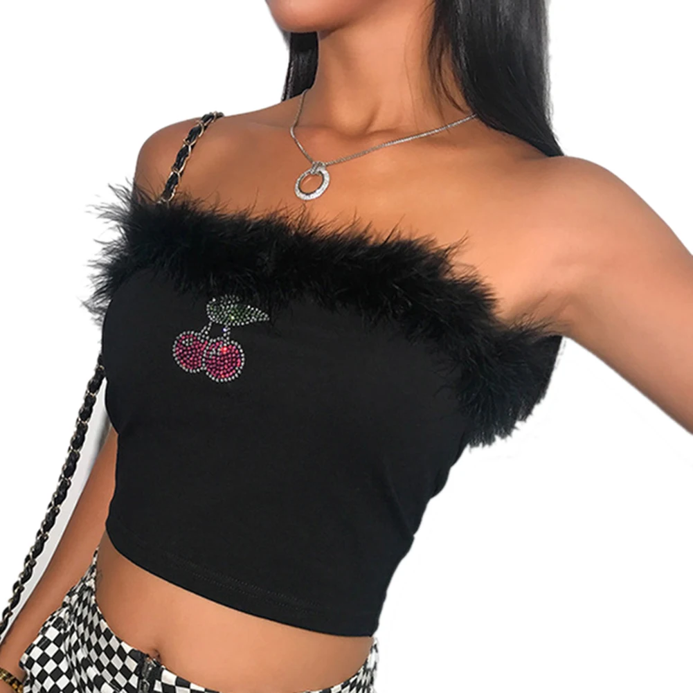 

Sexy Fleece Fur Patchwork Strapless Tube Tops Summer Women Rhinestone Cherry Pattern Crop Tops Female Streetwear
