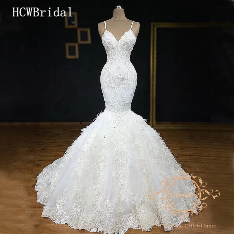 Robe De Mariee Роскошные свадебные платья русалки с перьями настоящие фотографии великолепные кружевные свадебные платья с v-образным вырезом в Дубае на заказ