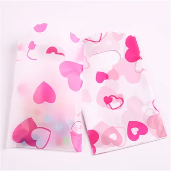 

Fashion Style Wholesale 50pcs/lot 9*15cm Small Heart Plastic Gift Bags With Handles Packaging Gift Bags