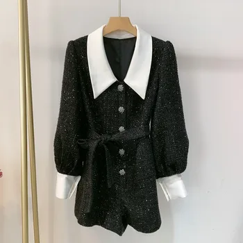 

Women's Long Sleeve Lapel Plaid Tweed Playsuit 2020 Fall High Quality Elegant Single Breasted Women Black Jumpsuit and Romper
