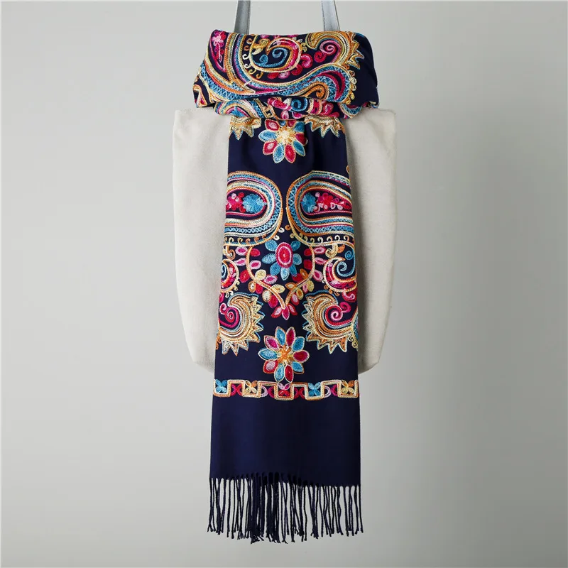 Фирменная новинка, Женский кашемировый шарф Пашмина с вышитыми цветами, зимний теплый шарф 200*70 см, шарф с кистями, шаль большого размера, модные шали, шарфы