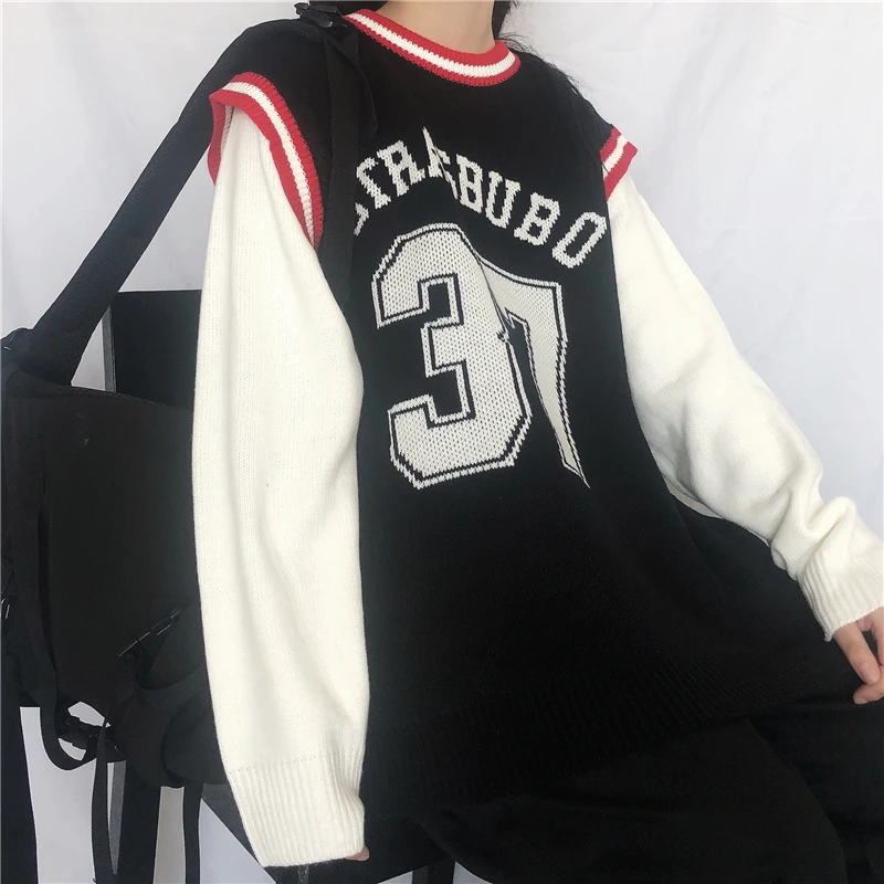 Вышитый номер женский свитер жилет Зимняя одежда корейский Свободный Harajuku стиль цифровой без рукавов вязаный женский жилет