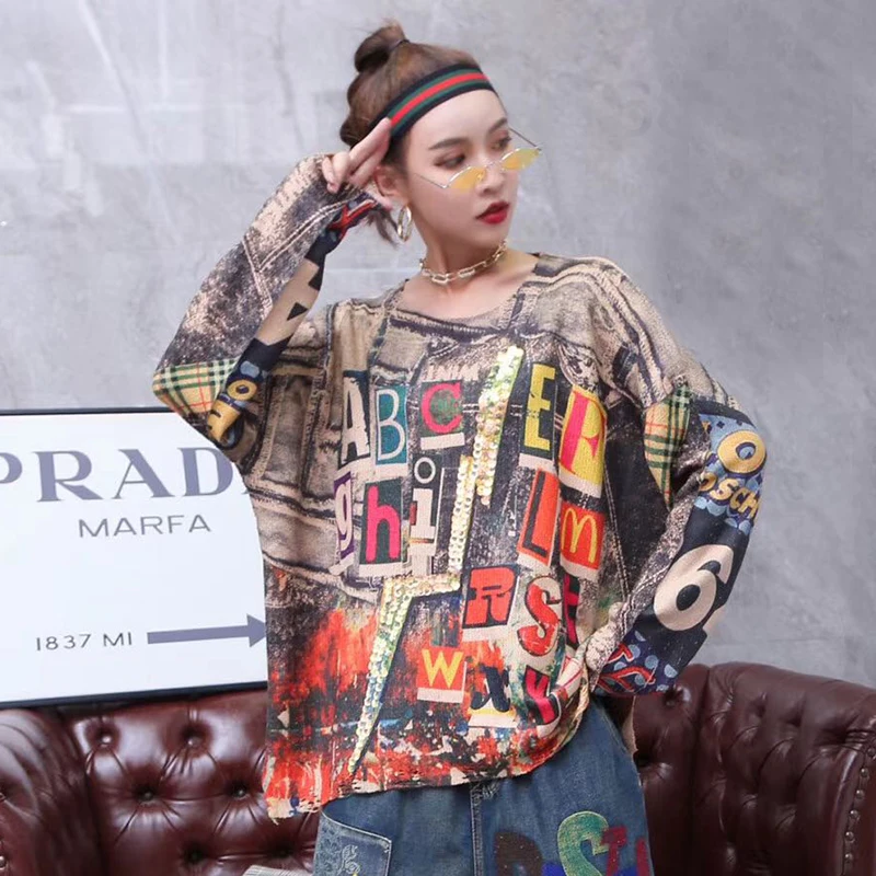 

Street wear Letter Printed Lightning sequins Knitted Wear Tops Women Metallic Color Autumn Sweater Plus Size Loose Knitted Tunic
