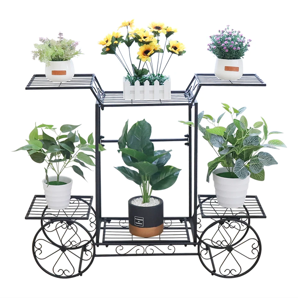 Giantex Supporto Per Piante In Metallo Con 4 Ruote Decorative - Carrello Da Giardino A 6 Livelli (3+3) Per Fiori, Interni/Esterni, Balcone E Patio - Colore Nero, Dimensioni 82x30x80 Cm - 6