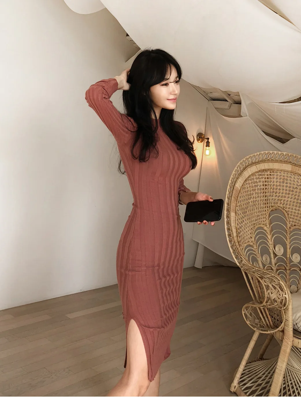 Осеннее и зимнее приталенное трикотажное базовое платье средней длины с воротником-стойкой и длинным рукавом женская модная узкая юбка миди с разрезом