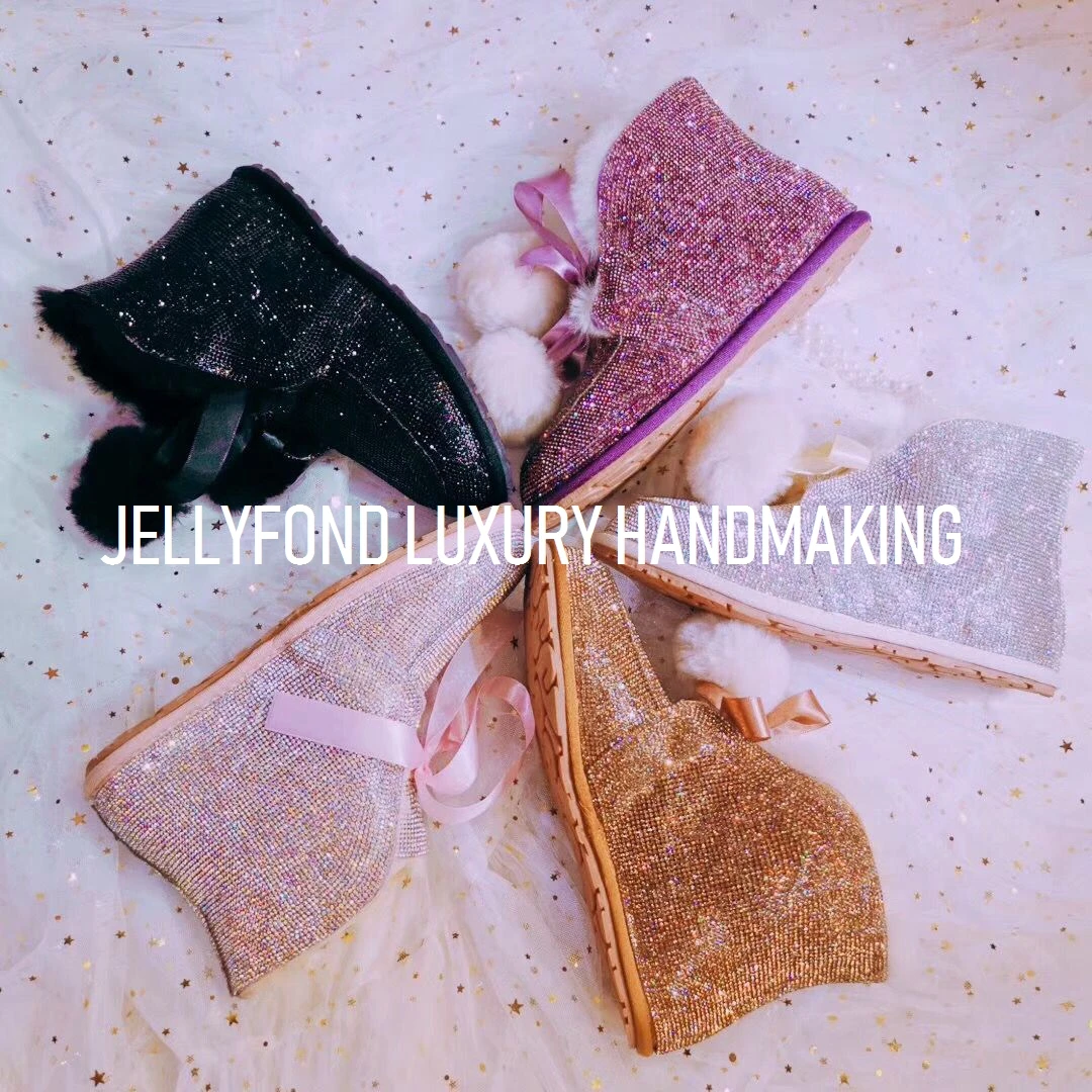 JELLYFOND стразы; зимние модные ботинки; женские зимние ботинки на плоской подошве из натурального меха; Водонепроницаемая теплая зимняя обувь; Botines Mujer
