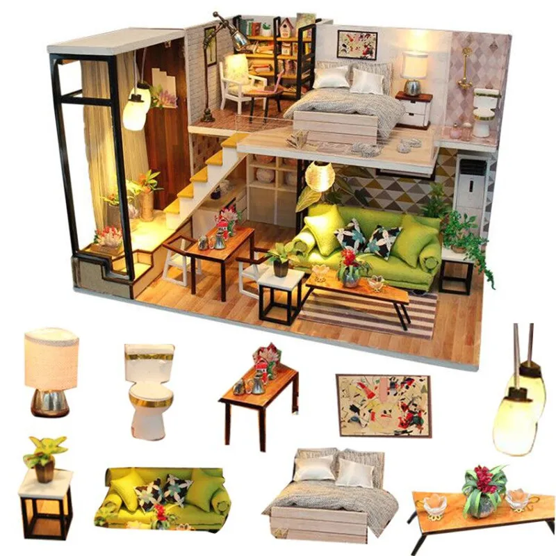 Dollhouse Miniature Furnitures DIY Kit Wood Toy Doll W/LED House Cottage li Z7Y7 