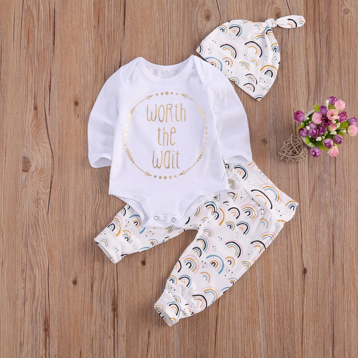 

Pudcoco Newborn Baby Girl Clothes Casual Set Cute Long Sleeve Letter Print Romper Rainbow Long Pants Hat 3Pcs Outfits Cotton Set