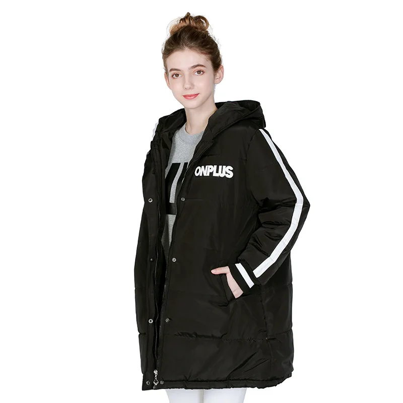 Зимняя куртка для женщин, зимнее пальто, парка, плюс размер, Женская куртка с буквенным принтом, с капюшоном, с хлопковой подкладкой, длинное утепленное пальто