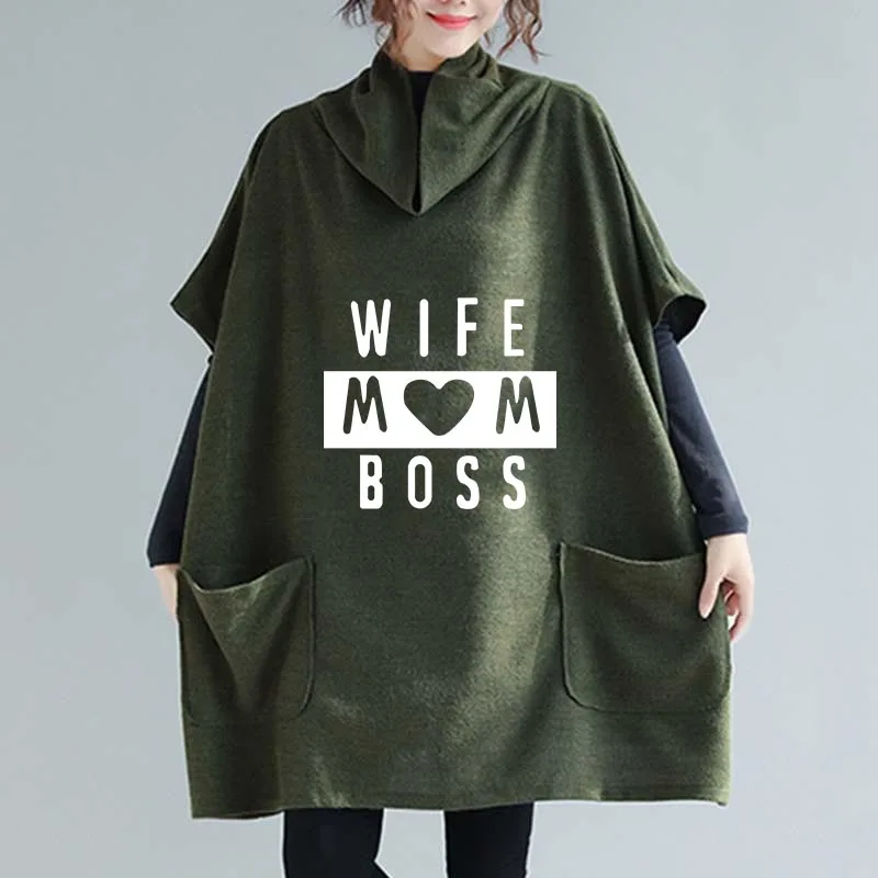 Женская футболка с надписью «Wife Mom Boss», новинка, модная женская футболка размера плюс 4XL 5XL 6XL 7XL 8XL с воротником-шарфом, вязаные футболки для женщин - Цвет: Зеленый